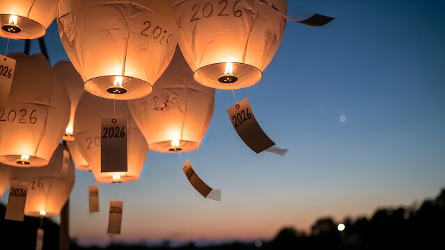 Sky lanterns with 2026 notes flying in the air at dusk or dawn
