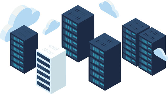 Isometric cloud server illustration, data center infrastructure, modern hosting technology, network storage system, digital computing environment concept