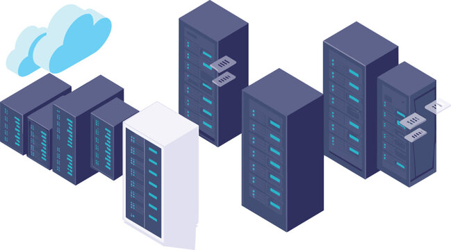 Isometric data center server illustration, cloud computing infrastructure, modern hosting technology, network storage system, digital database management concept
