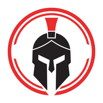 Spartan Warrior Helmet Icon Emblem with Red Circular Frame for Sports Team or Fitness Branding
