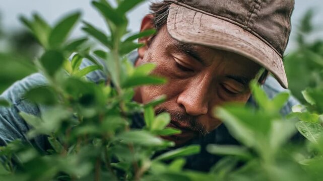 Gardener's Diligence in Green Haven: A dedicated gardener is deeply immersed in his work amidst lush foliage, demonstrating passion and expertise in nurturing a thriving garden.