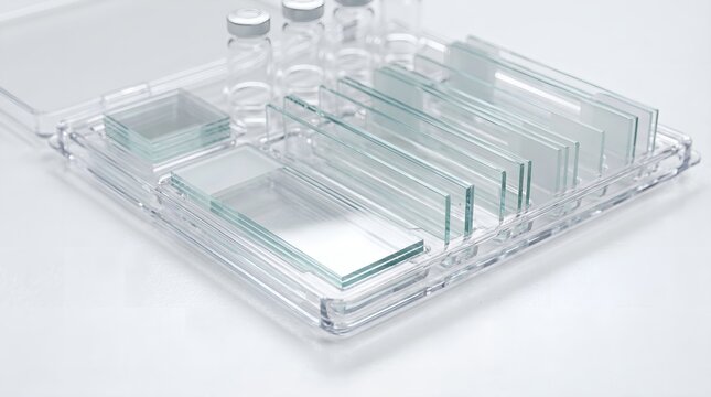 Structured scientific preparation array of clear glass microscope slides and sample vials for critical laboratory research