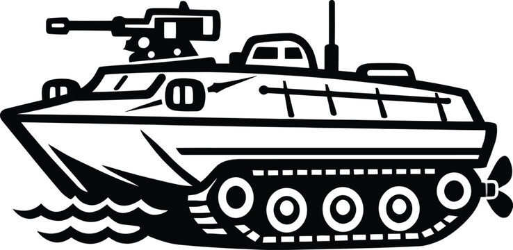 Amphibious Assault Vehicle with Machine Gun moving through waves during daylight in vector silhouette style
