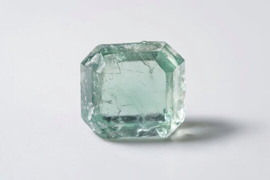 A close up image of a translucent, unpolished fluorite rock sample of this natural mineral, against a white background