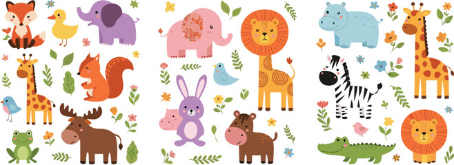 Cute jungle and safari animals collection with lion elephant giraffe zebra fox and crocodile, colorful cartoon wildlife vector illustration set for kids design © Bokul