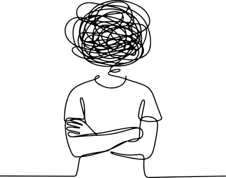 Minimalist Continuous Line Art of Person with Scribble Head. Mental Health Anxiety and Overthinking Illustration
