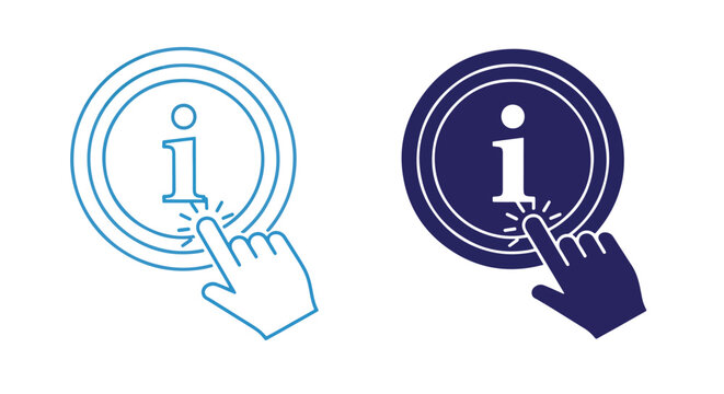 Info button clicked by hand cursor - Minimalist, flat icon, outline, glyph, linear, clipart, sticker - icon set
