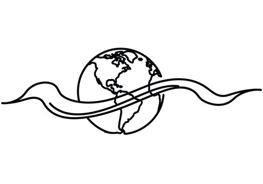Continuous line drawing of earth with flowing ribbon