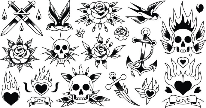 Traditional tattoo flash collection featuring skulls, roses, swords, swallows, anchors, hearts, flames, vintage monochrome vector illustration artwork
