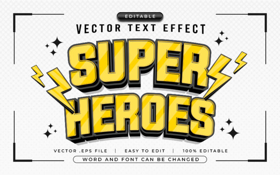A vibrant and editable vector text effect design featuring the word 'Super Heroes' in bold, yellow 3D lettering with lightning bolts and stars, perfect for comic book posters and banners.