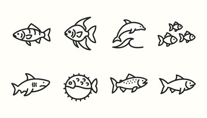 Minimalist fish line art icons featuring shark dolphin and pufferfish for aquatic designs © Ghaghah24