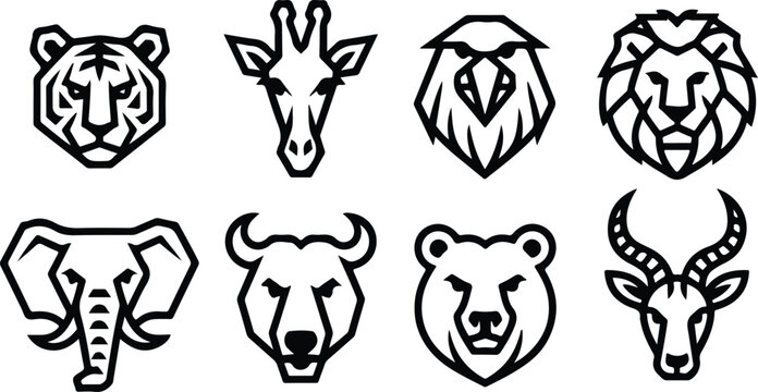 Collection of eight minimalist animal head icons with clean line art design