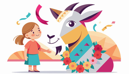 Naklejka premium Eid Al adha Girl and Adorned Sacrificial Goat with Flowers Illustration