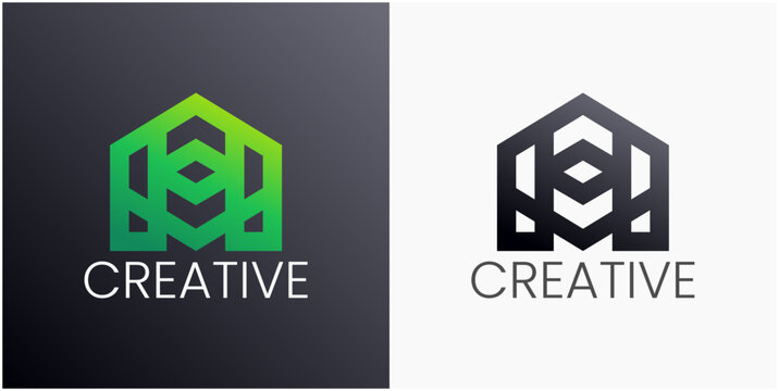 Modern logo features geometric design with green to black gradient. Clean lines form abstract hexagonal shape with layered structure. Bold white text reads "CREATIVE" below the graphic element
