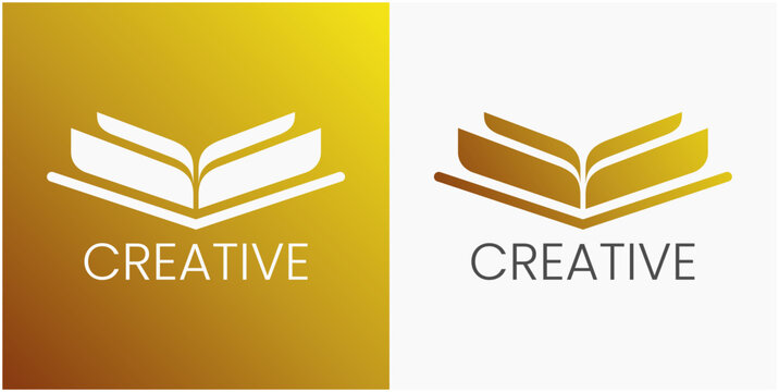 Open book icon with gold gradient background. White text below reads "CREATIVE" in bold. Right side shows same icon on light background. Minimalist design conveys knowledge and innovation