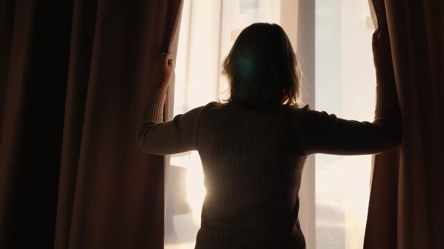 Woman opening curtains in morning to let sunlight in room for new day beginning.
