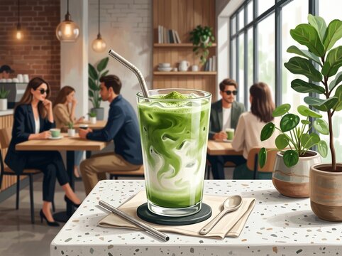 お洒落なカフェで楽しむアイス抹茶ラテ：モダンな店内の風景と鮮やかな抹茶のグラデーション