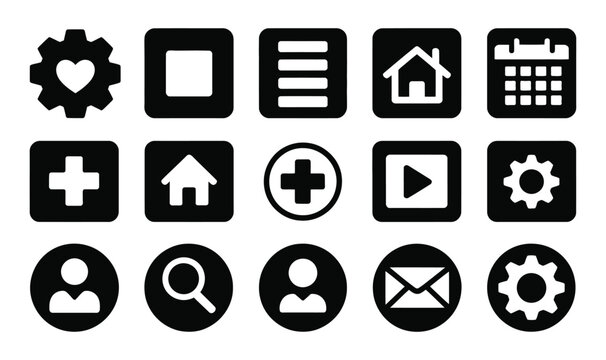 Universal black glyph icon set for web and mobile application design vector, minimal interface symbols collection for navigation settings communication tools and digital