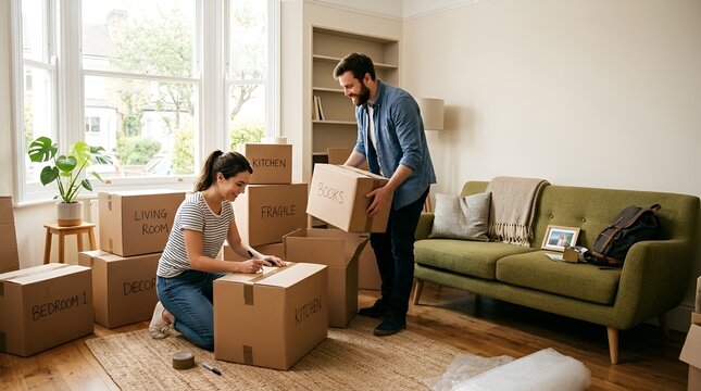 Couple packing moving boxes in new home, relocation