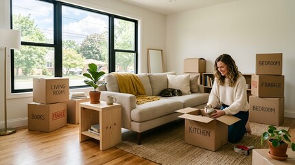 Fototapeta premium Woman packing moving boxes in a bright living room