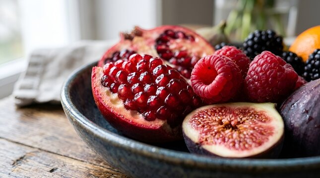 Fresh fruit arrangement in a ceramic bowl, healthy eating