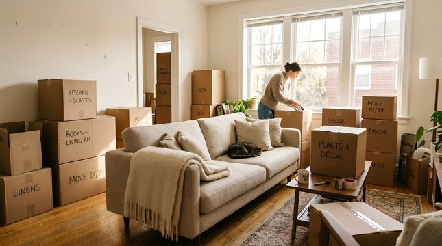 Woman unpacking boxes in bright living room, moving home concept