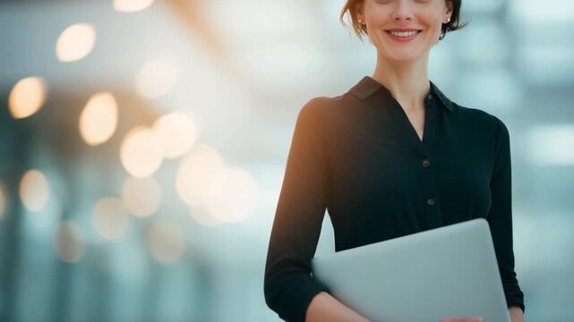 Confident Professional in Dynamic Setting: A poised professional strides confidently, laptop in hand, through a luminous, modern space. The image captures both career aspirations and modern workplace.
