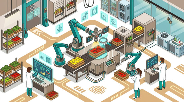 Advanced Automated Food Processing Plant with Robotic Arms and Human Technicians Monitoring Quality Control for Efficient Modern Agricultural Production