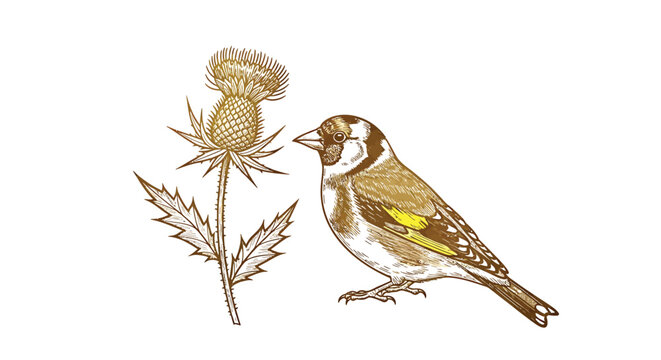 Brown bird, yellow wing, thistle flower, wildlife illustration, nature icon, vector graphics