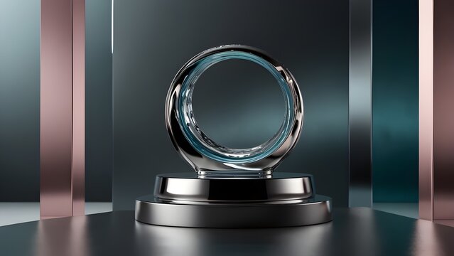 Sleek metallic and liquid abstract ring sculpture on a dark pedestal, reflecting a modern luxurious and futuristic design.