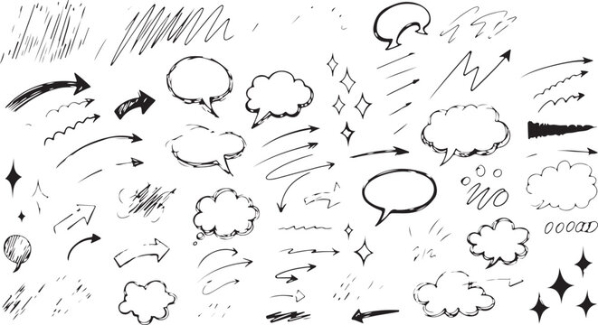 Hand drawn doodle elements set with speech bubbles stars