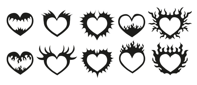 Neo tribal tattoo shape set. Y2k black heart elements. Vector gothic ornament isolated on white background.
