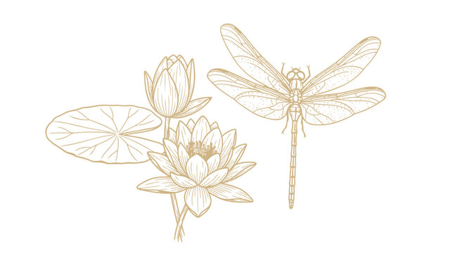 Golden dragonfly, lotus flower, and lily pad vector illustration, elegant minimalist design, gold line art, nature icons