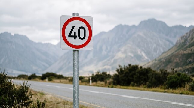 Speed limit sign 40 on a scenic mountain road new zealand scenic drive regulation transport information mountains