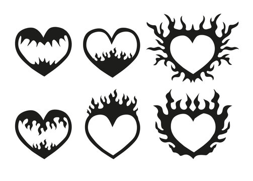 Neo tribal tattoo shape set. Y2k black heart elements. Vector gothic illustration.