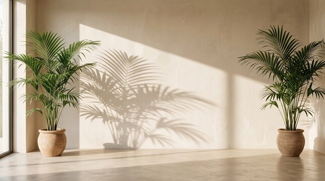 Two potted palm plants casting shadows on a wall in a bright airy room shadow play home decor living space interior