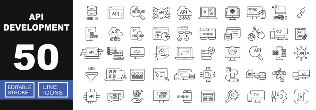 API Development line icon set. Vector pictograms of database, browser, search, network, cloud, laptop, monitor, mobile, computer, server, interface, coding, chip, filter. Editable stroke.