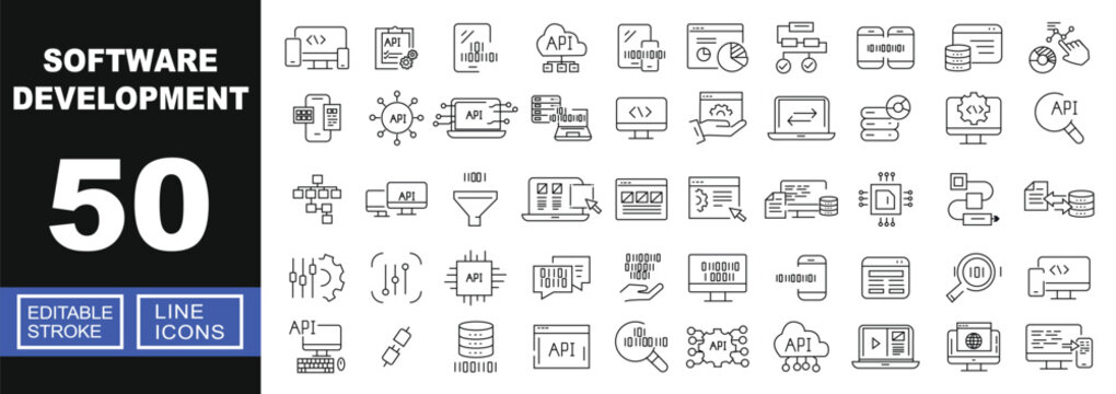 Software Development line icon set. Vector pictograms of coding, documentation, mobile, cloud, responsive, analytics, flowchart, connection, database, interface, application, server. Editable stroke.