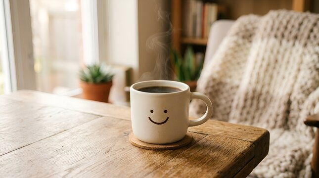 Smiling face coffee cup on wooden table, cozy home interior.