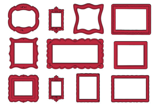 Collection of ornate red picture frames and borders in different shapes