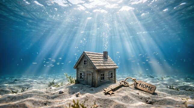 Underwater abandoned house with keys on sandy seabed real estate underwater landscape deep sea light beams sunlight