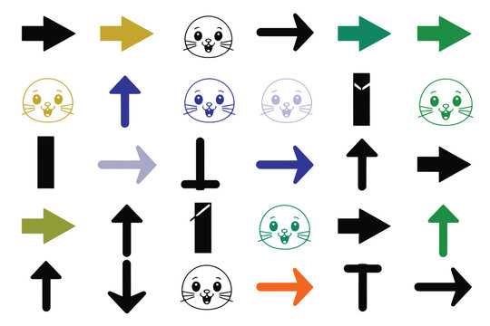 Grid pattern of colorful directional arrows and cute cartoon faces