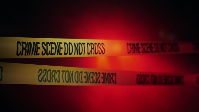 Crime scene tape with flashing blue and red emergency police lights in dark night background.