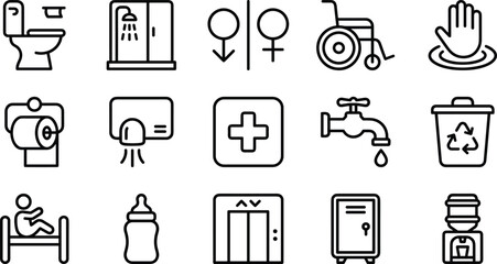 Restroom and Accessibility Icon Set Featuring Toilets, Showers, Wheelchairs, Elevators, and Public Facility Symbols © MSTSULTANA