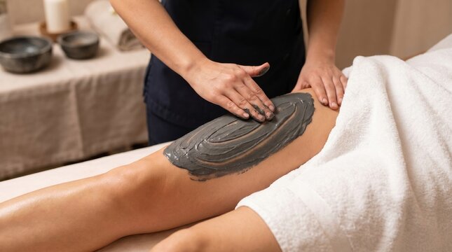 Woman receiving therapeutic mud mask treatment on her leg at a wellness spa with treatment wellness applying cosmetic