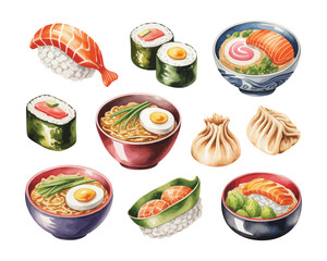 Watercolor Japanese Food Illustration Set, Sushi Ramen Dumpling Clipart, Isolated Vector © Tanvir Rana