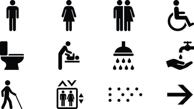 Accessibility and Restroom Facility Icon Set Featuring Wheelchair, Gender Symbols, Toilets, Showers, and Elevator Icons