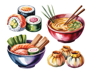 Hand-Painted Asian Cuisine Watercolor Bundle, Sushi and Ramen Food Clipart Set © Tanvir Rana