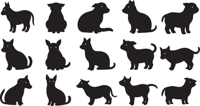 Black cat silhouettes, feline icons, pet graphics, animal shapes