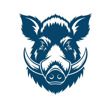 blue boar head with white outline and long tusks on white background
